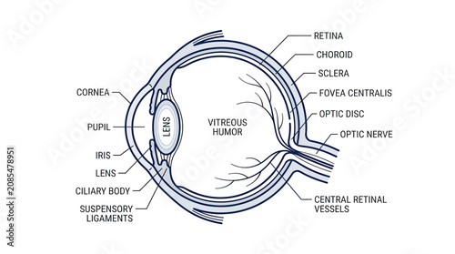 Quadro su tela Detailed Human Eye Anatomy Diagram with Labels - Science and Medical Illustratio