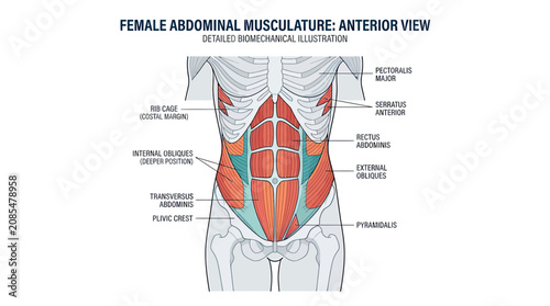 Obraz na płótnie Female Abdominal Musculature: Anterior View - Detailed Biomechanical Illustratio