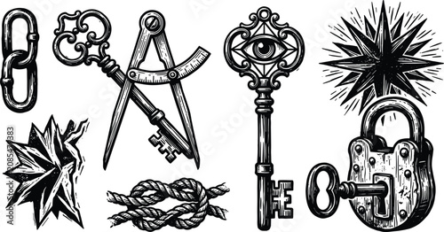 Cuadro en lienzo Vintage masonic engraving style elements set with occult keys padlock divider ch