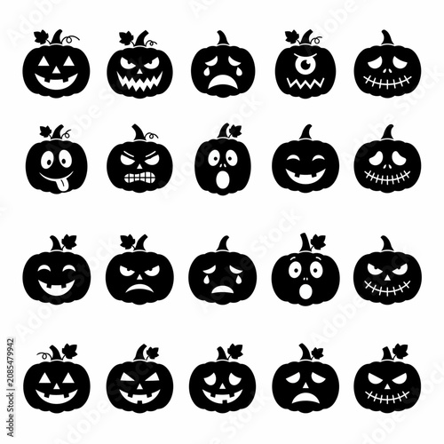 Foto Halloween pumpkins, spooky faces, black icons, 20 jack-o-lanterns, emotive desig