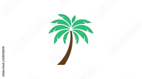 Flat vector illustration of a single tropical palm tree featuring vibrant green fronds and a sleek, curved brown trunk. A clean, minimalist icon design isolated on a solid white background. Perfect fo