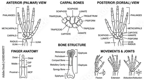 Fotografía Human Hand Anatomy and Bone Structure Diagram