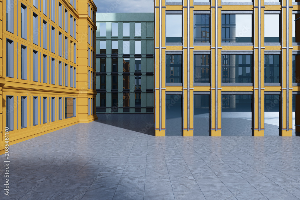 Obraz premium Modern outdoor courtyard between contemporary buildings with geometric facades and reflective windows in bright urban exterior setting. 3D Rendering