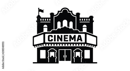 Tableau sur toile Cinema building facade with marquee sign black and white silhouette