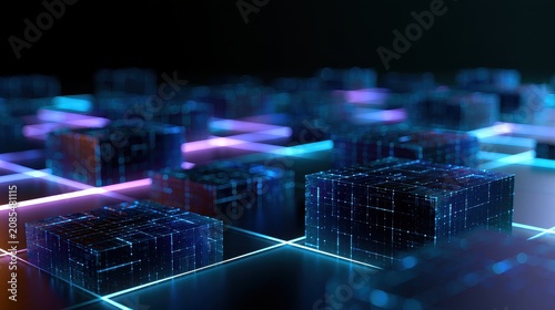 Blockchain infrastructure decentralized finance tokenized assets smart contracts financial inclusion copy space technology disruption theme futuristic Multilayer neon blockchain grid backdrop. 