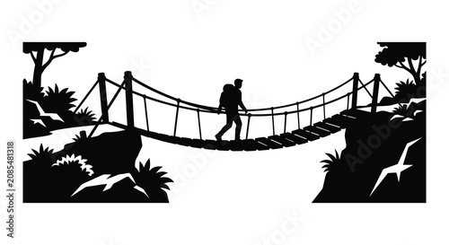 Schilderij op canvas Rope bridge with hiker and trees black silhouette suspension pedestrian