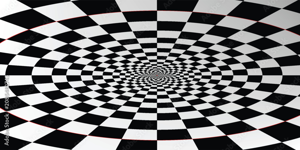 Obraz premium Abstract Black and White Optical Illusion Spiral | Geometric Checkerboard Warp Background