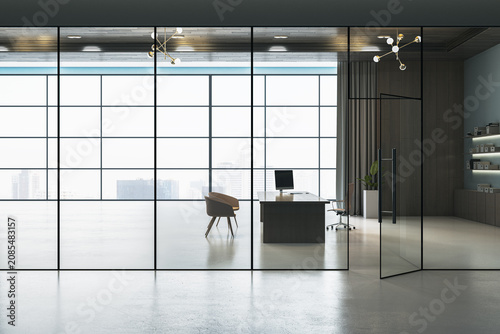 Photos Modern office interior with glass partitions, spacious desk area, large window city view, contemporary workroom atmosphere