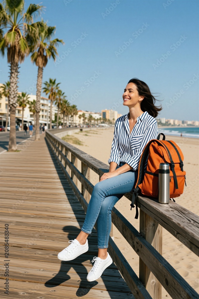 Fototapeta premium Young woman sits on wooden boardwalk railing. Orange backpack and thermos by her side. Blue sky, sand beach, ocean waves, palm trees visible. She smiles with eyes closed enjoying sunny day.
