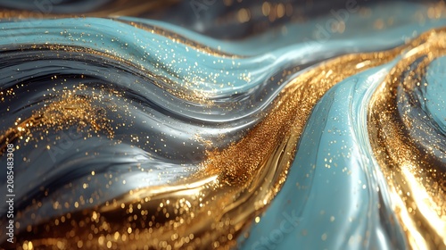Abstract Flowing Liquid Gold and Teal with Glitter Particles