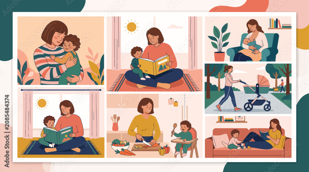 Fototapeta premium Flat Illustration Set Featuring a Mother and Child Engaging in Daily Activities Together at Home and Outdoors