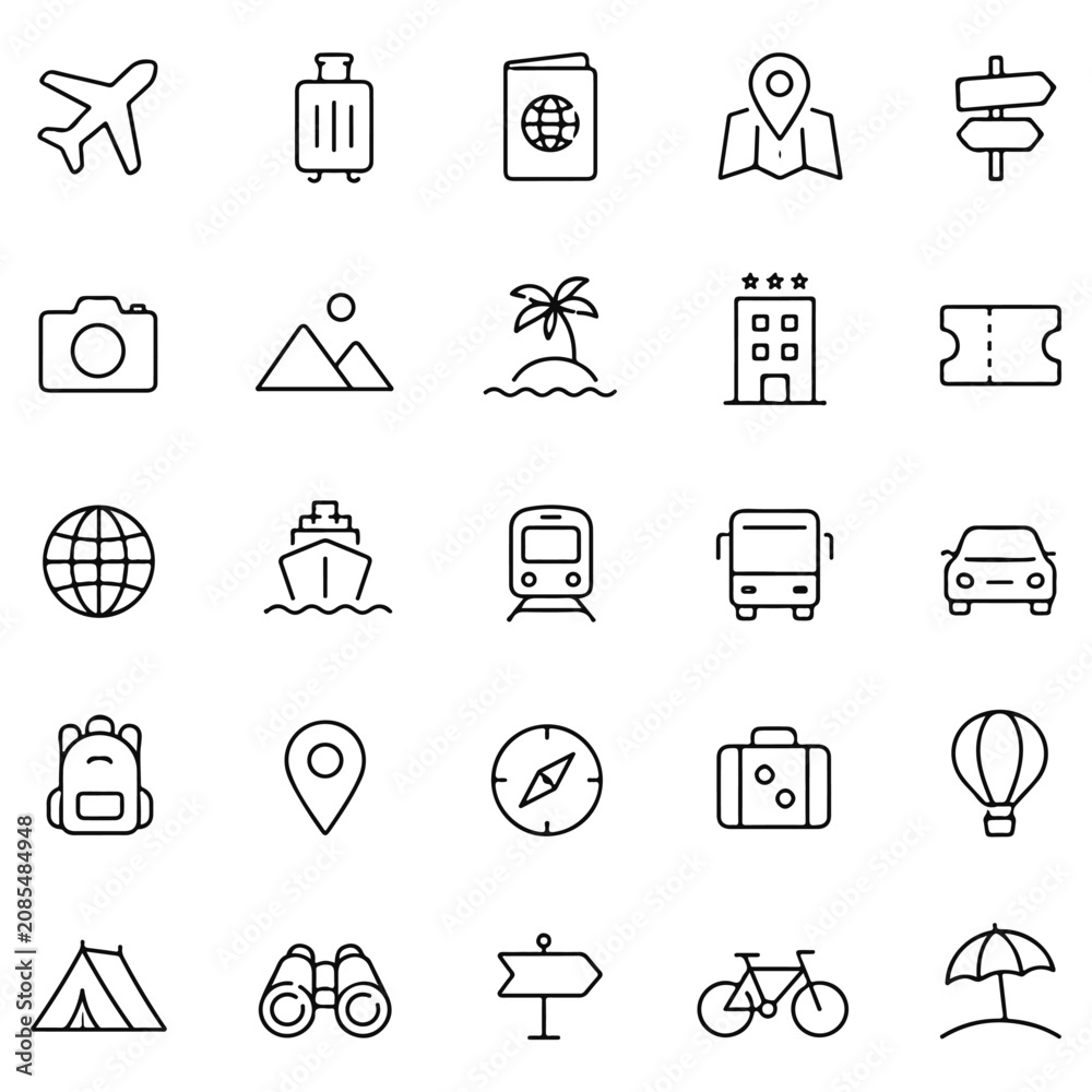 Fototapeta premium Travel set. Large set of line icons on a white background