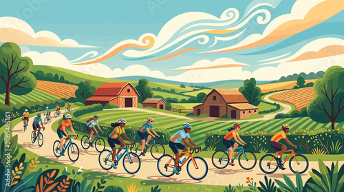 Fotografija Group of cyclists riding through scenic countryside landscape 1.