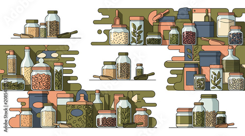 Fényképezés Colorful Illustrated Bottles and Jars on Shelves.