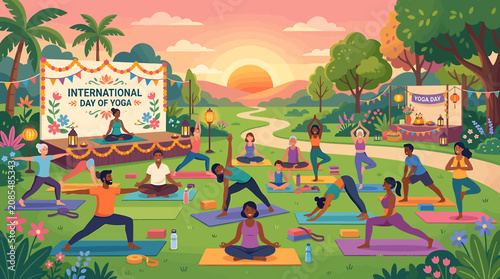 Group practicing yoga in a vibrant park at sunrise.