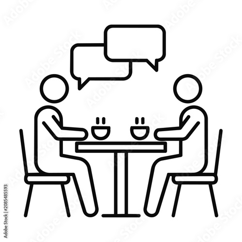 Minimalist line art icon of two people sitting at a cafe table with empty speech bubbles for communication and social interaction concept