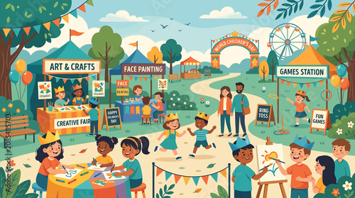 Konstfotografi Colorful outdoor fair with children playing and crafting.