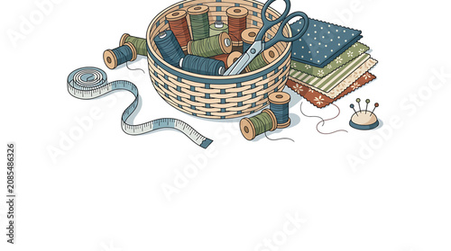 Colorful sewing basket with fabric and crafting supplies.