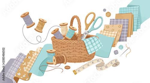 Quadro su tela Colorful sewing supplies scattered around a wicker basket.