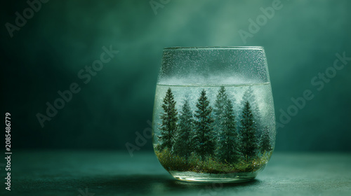 Glass of Water with Tiny Pine Forest and Mist on Forest Green Background