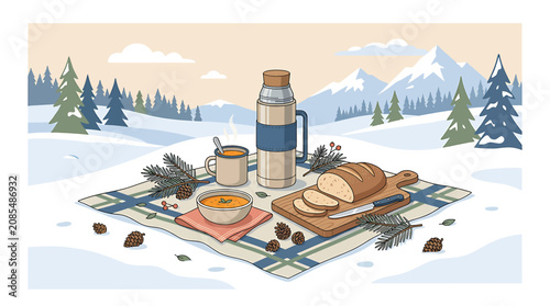 Fotografía Cozy winter picnic with bread and hot drinks in snowy mountains.
