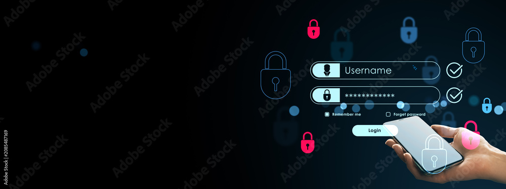 Obraz premium Secure smartphone login interface with password form, glowing padlock icons and modern authentication concept on dark background.