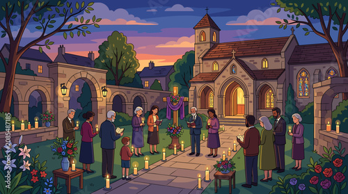 Quadro em tela Evening church gathering with lanterns and villagers.