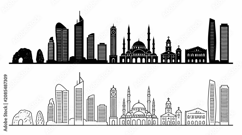 Fototapeta premium Sharjah City Skyline Silhouette and Outline Vector Illustration