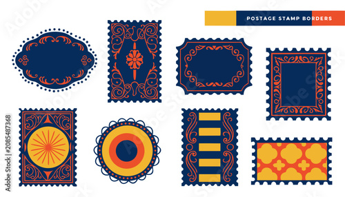 Very beautiful realistic vector illustration of elegant postage stamp border frames featuring vintage decorative perforated edges, ornate classic shapes, and a colorful label reading 