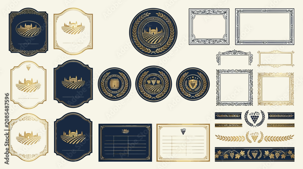 Fototapeta premium Vintage Winery Labels, Frames & Emblems - Gold & Navy Decor Elements
