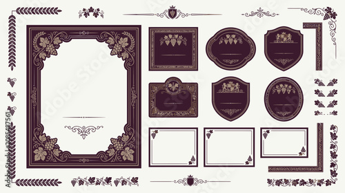 Vintage Winery Embellishments: Grapevine Frames, Labels & Borders - Vector Set