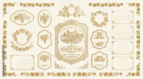 Vintage Winery Labels Collection: Grapes, Chateau, Banners, Ornate Designs