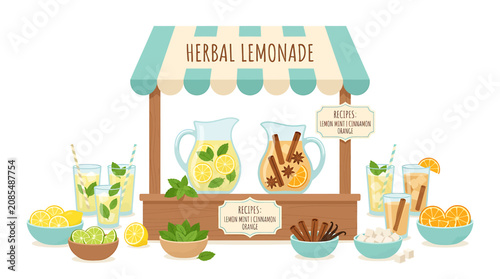 Photos Fresh Herbal Lemonade Stand with Pitchers and Glasses.