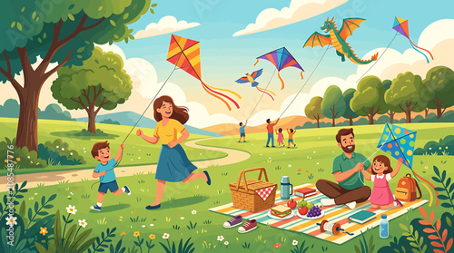 Fotografija Family enjoying a sunny picnic with kites in the park.