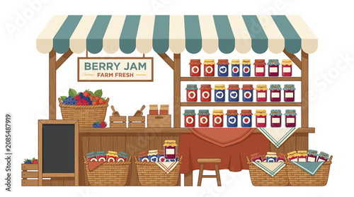 Colorful Berry Jam Market Stall Illustration.