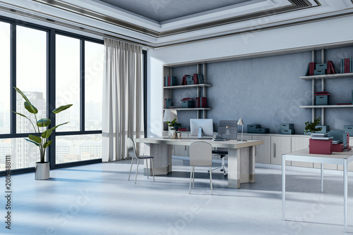 Photos Modern corporate workspace with large window view, contemporary desk setup, organized shelves, light interior design and clean office room atmosphere