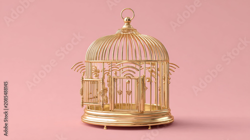 Golden Birdcage with Wifi Signal Icon Bars and Open Door on Pink Background