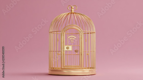 Golden Birdcage with Wifi Signal Icon Bars and Open Door on Pink Background