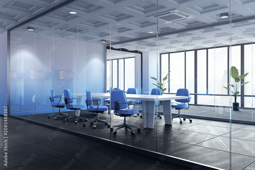 Fototapeta premium Modern corporate conference room with glass partition, blue chairs, large table and city view in bright contemporary office interior perspective design. 3D Rendering