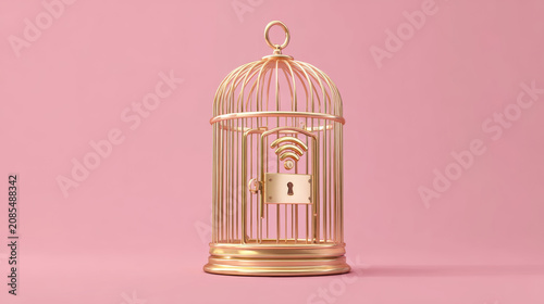 Golden Birdcage with Wifi Signal Icon Bars and Open Door on Pink Background