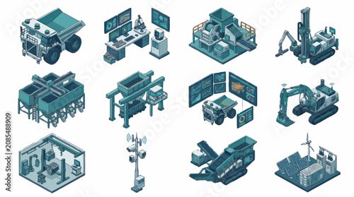Fotografía Isometric Industrial Machinery and Technology Icons Set.