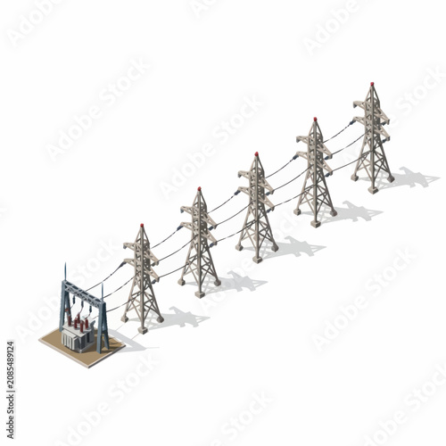 Isometric view of electrical power transmission towers and substation.