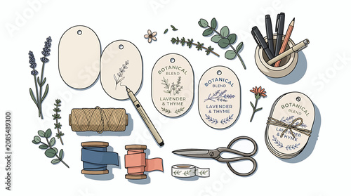Canvastavla Vintage sewing and crafting supplies flat lay illustration.