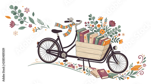 Vintage bicycle loaded with colorful books and flowers.