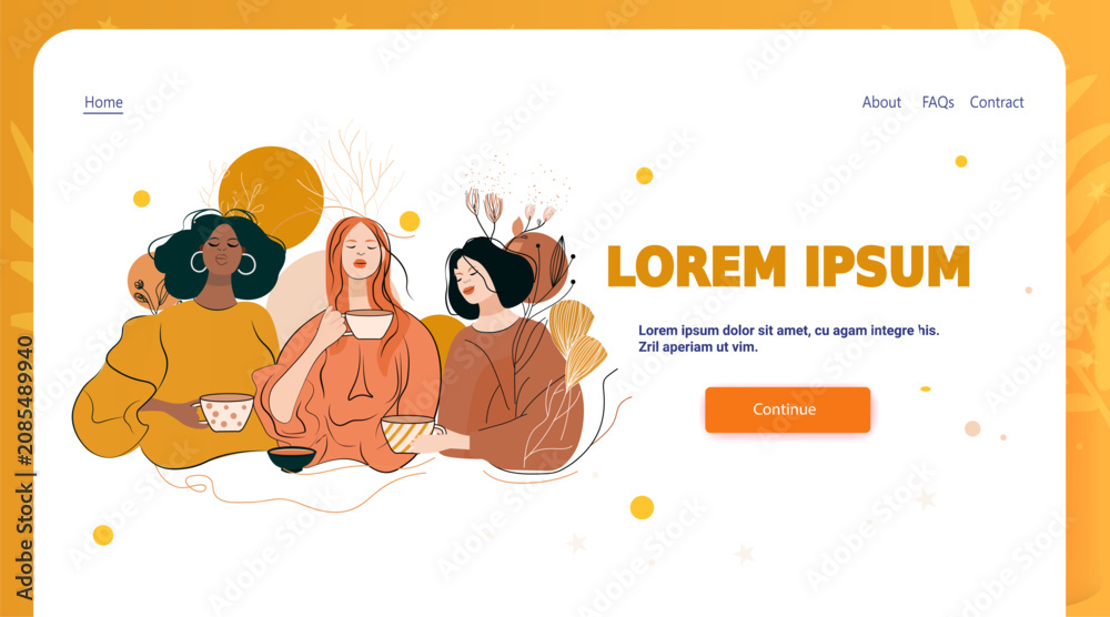 Fototapeta premium Women drinking coffee relaxing together autumn nature abstract plants modern website landing page warm colors