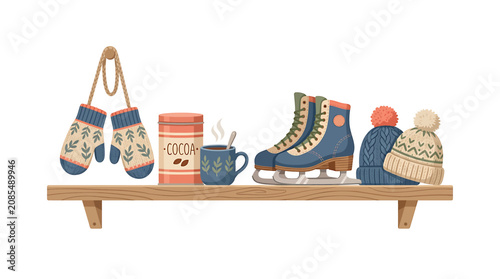 Obraz na plátně Winter accessories and ice skates on a wooden shelf.