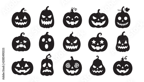 Set of fifteen black silhouette pumpkin icons with various spooky carved facial expressions for halloween design projects on a white background