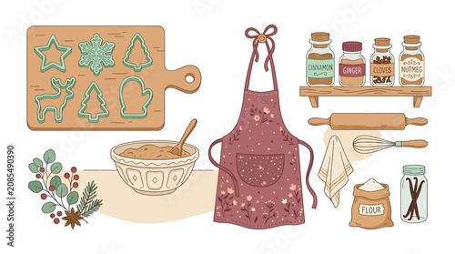 Baking utensils and ingredients illustration set.