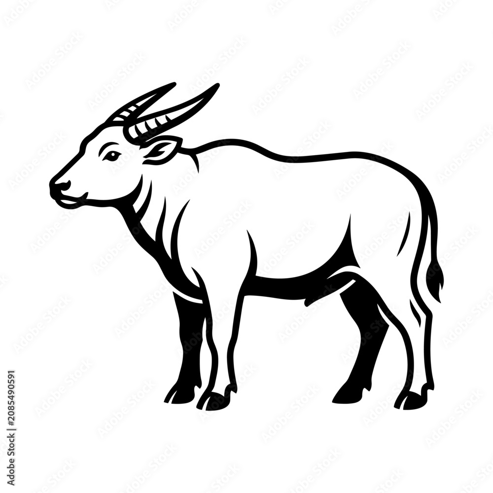 Fototapeta premium An illustration of a standing bull with horns in profile view