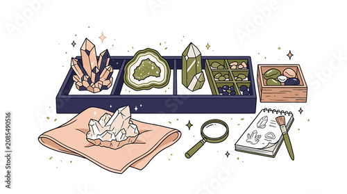 Foto Colorful Gemstone Collection with Magnifying Glass and Notebook.